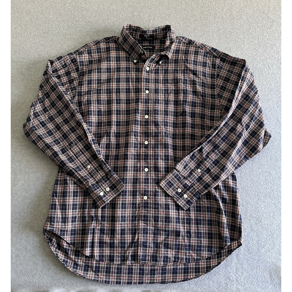 Nautica Mens Long Sleeve Button Down Shirt Size XL Plaid Red White Blue Cotton - Picture 3 of 13